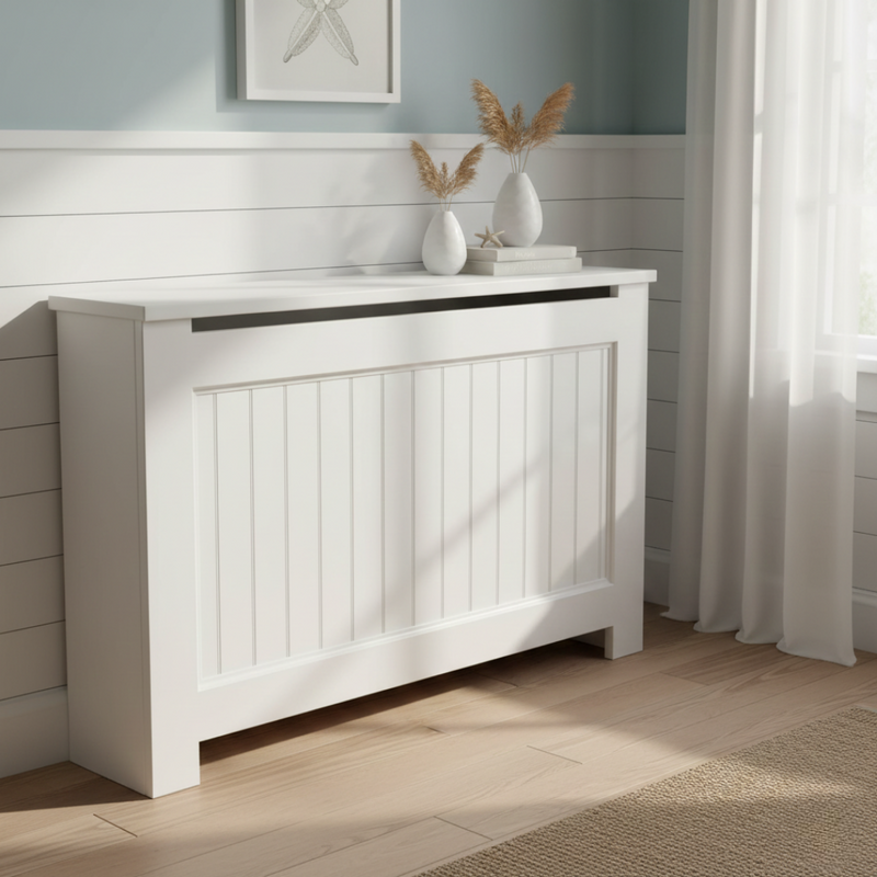 White wooden radiator cover with vertical panel detailing in a bright, modern room.