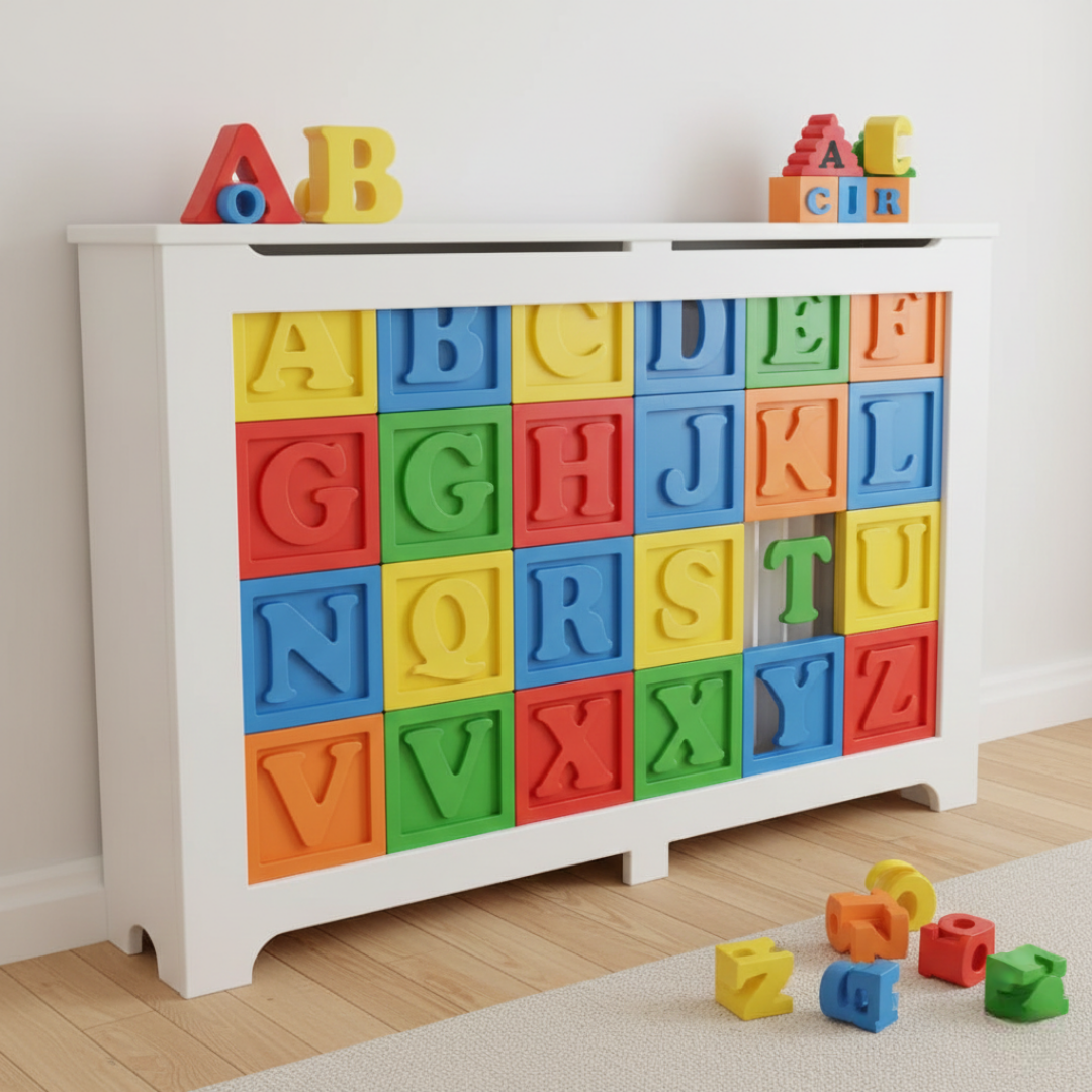 Colorful children’s radiator cover with alphabet letter panels in a white frame.