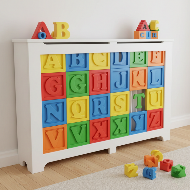 Colorful children’s radiator cover with alphabet letter panels in a white frame.