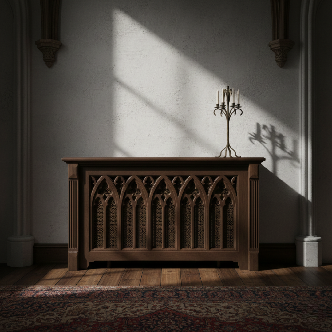 Dark walnut radiator cover with ornate Gothic-style decorative panels in a traditional interior.