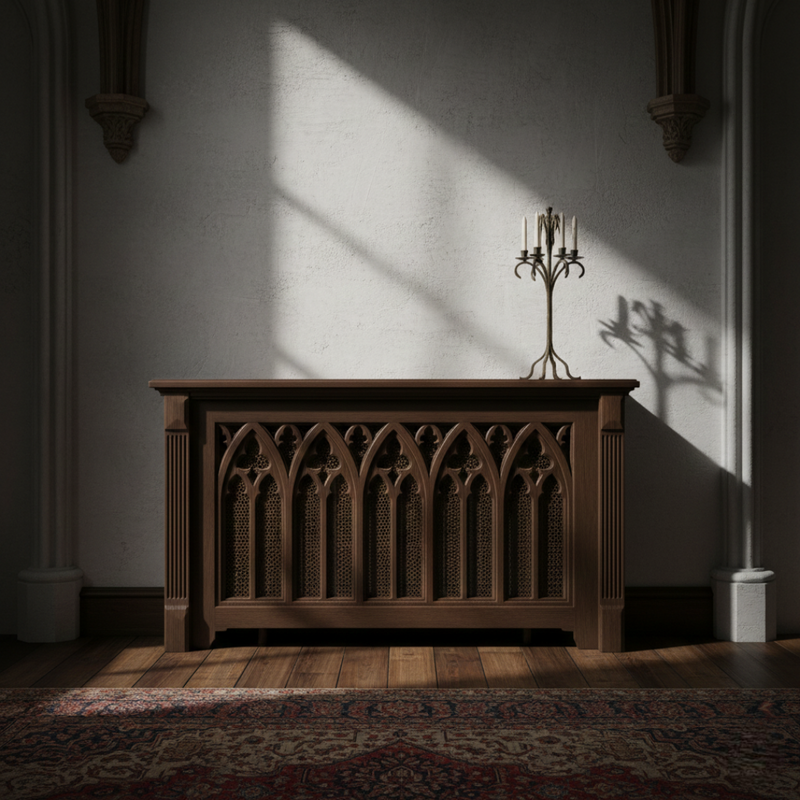Dark walnut radiator cover with ornate Gothic-style decorative panels in a traditional interior.