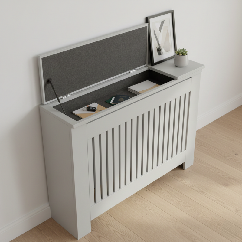 White radiator cover with vertical slats and a lift-up storage compartment in a modern interior.
