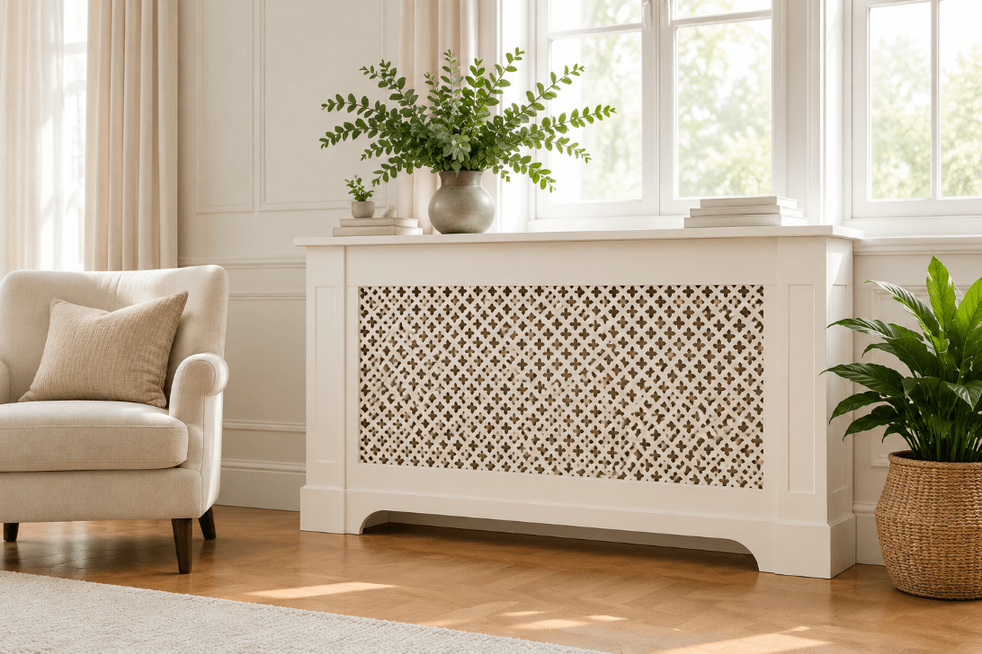 A white wooden chest of drawers or console cabinet with an open lattice front, styled in a bright living room next to a beige armchair and potted plants.