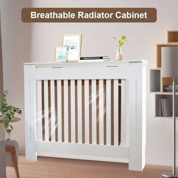 White radiator cabinet with decorative items in a room setting