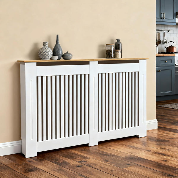 White radiator cover with wooden top against a beige wall