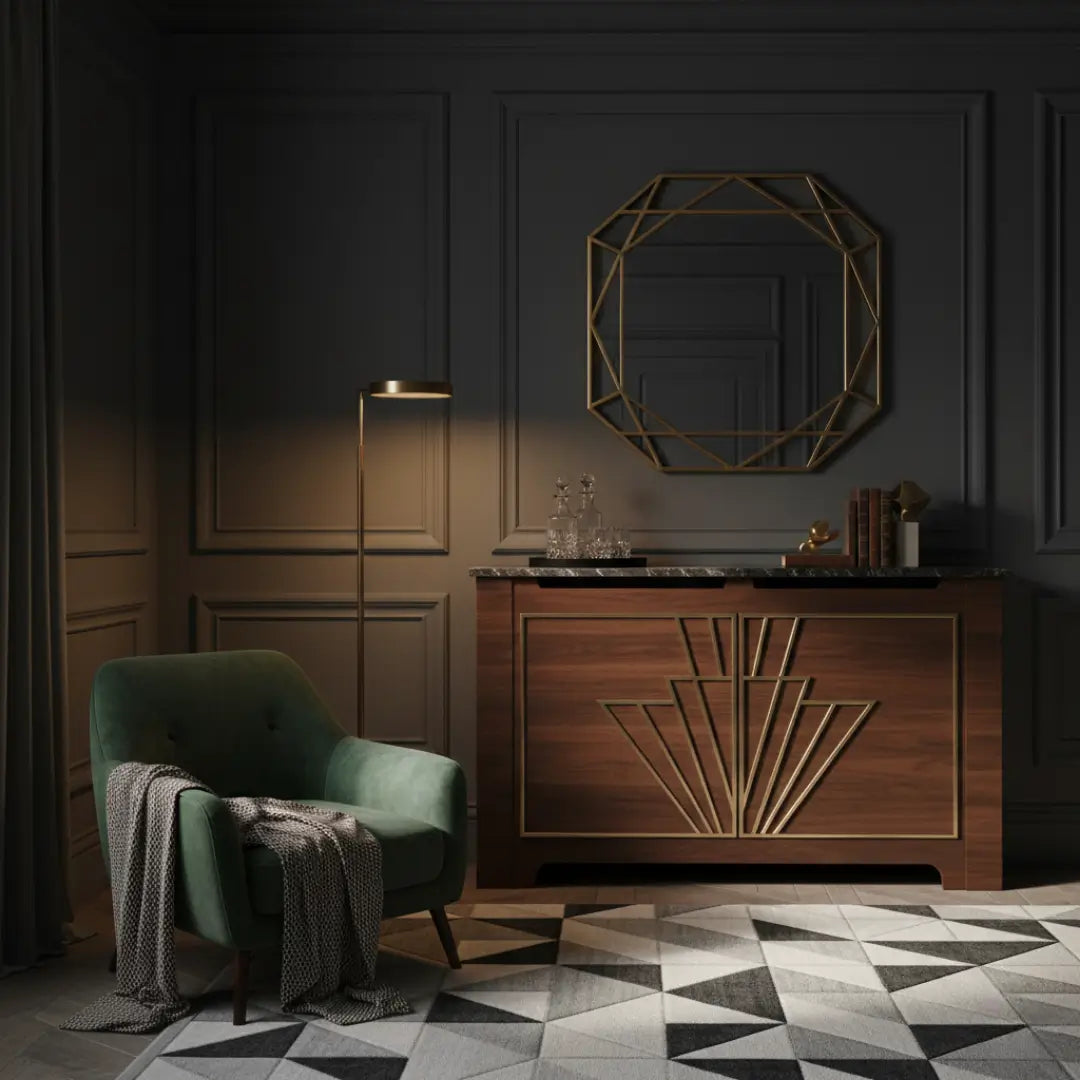Art Deco wooden radiator cover with geometric brass detailing in an elegant dark interior.