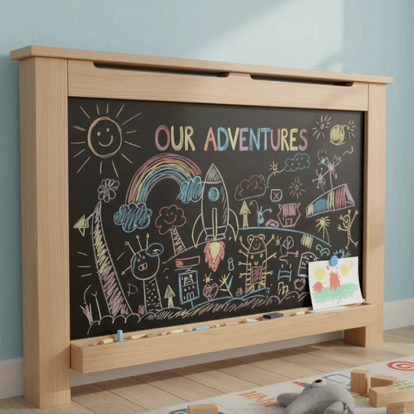 Wooden cabinet with a chalkboard surface displaying children's drawings and the text 'Our Adventures'.