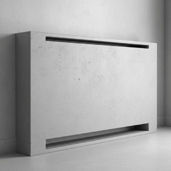 Minimalist white radiator cover with narrow top and bottom ventilation openings.