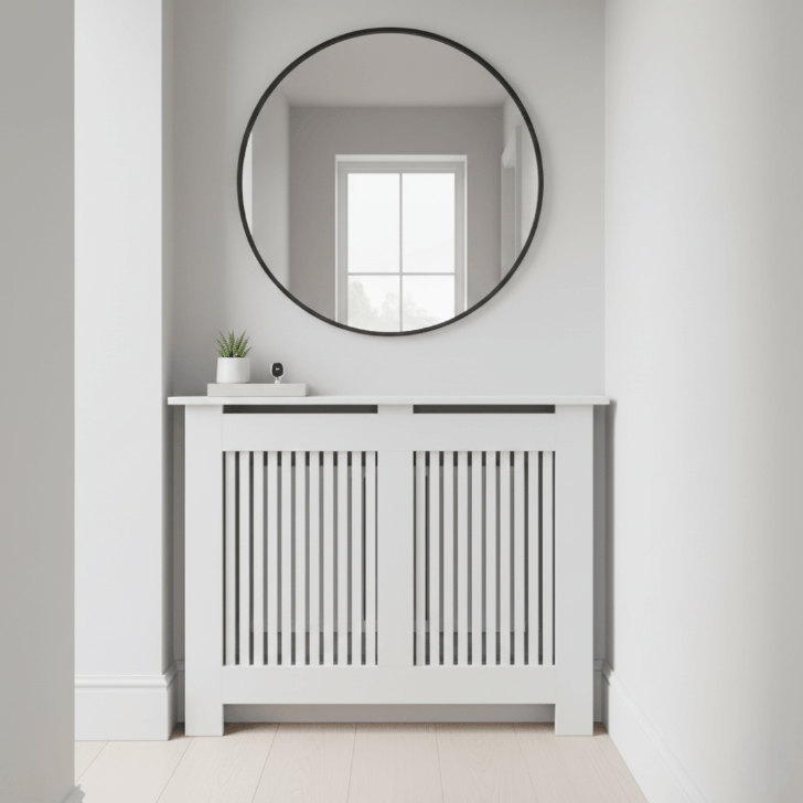 Round mirror with black frame on a white wall above a white radiator cover.