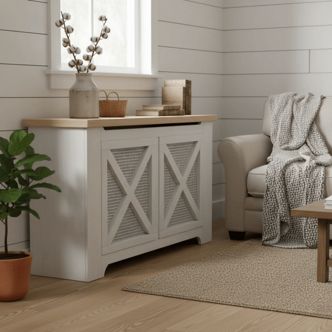 White radiator cover with wooden top in a living room setting.