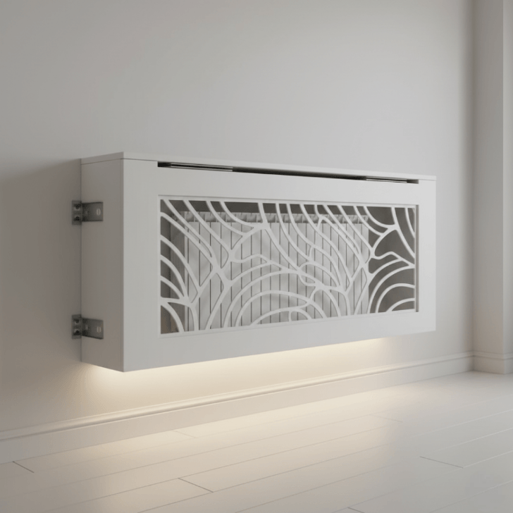 Decorative radiator cover with geometric pattern on a white wall.