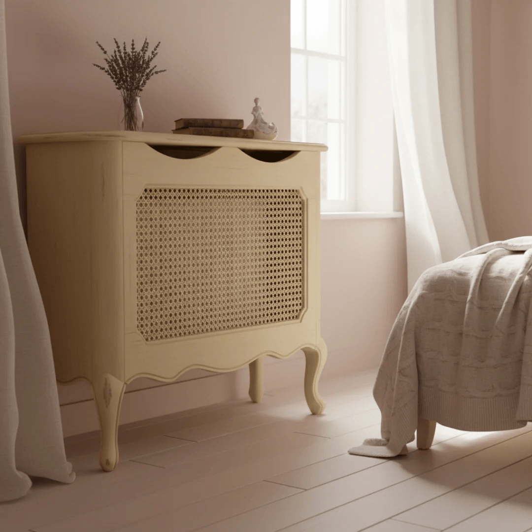 Beige radiator cover with wicker design in a bedroom setting