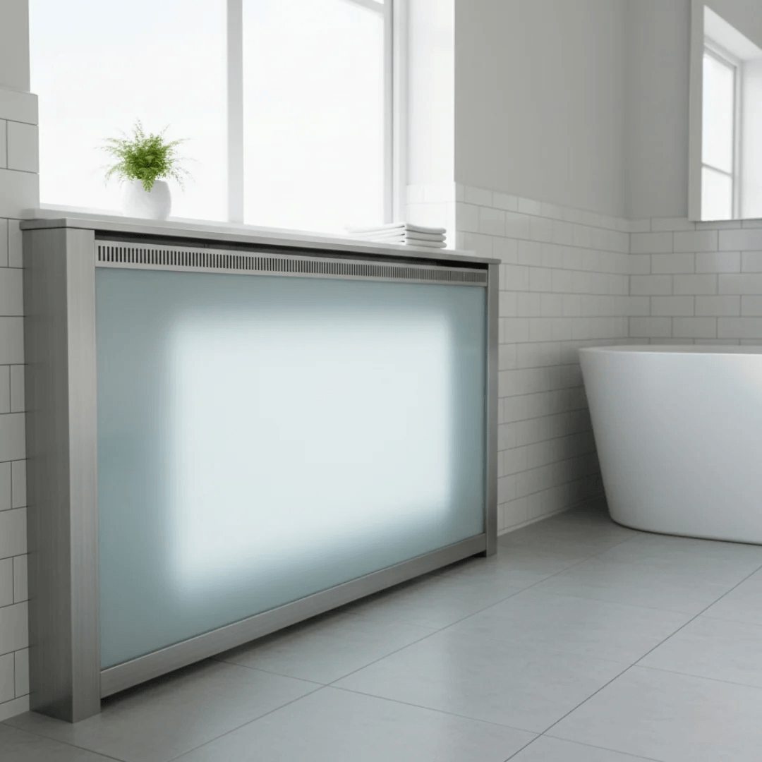 Modern grey radiator cover with a frosted glass front panel in a bright bathroom.
