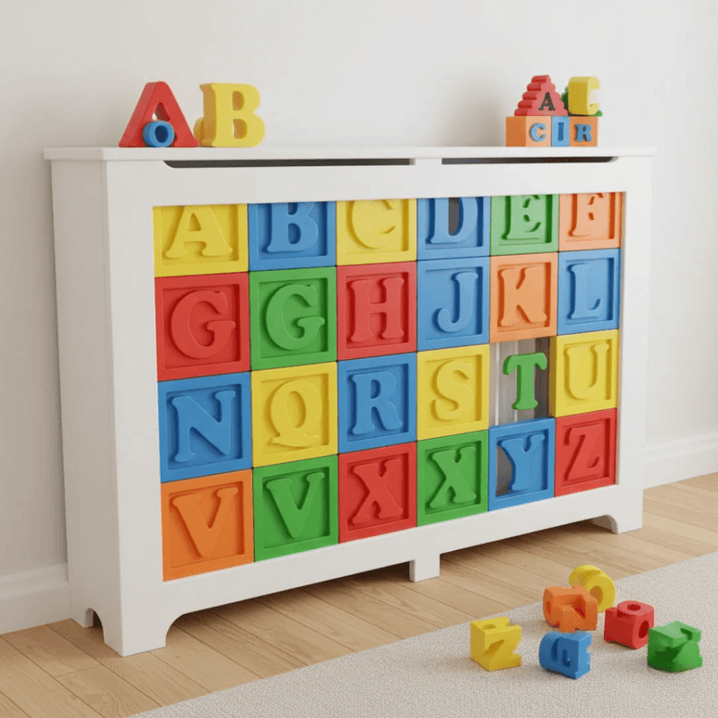 A white children's storage cabinet with colorful alphabet block drawers on the front, shown in a bright room with wooden flooring and scattered toy blocks.