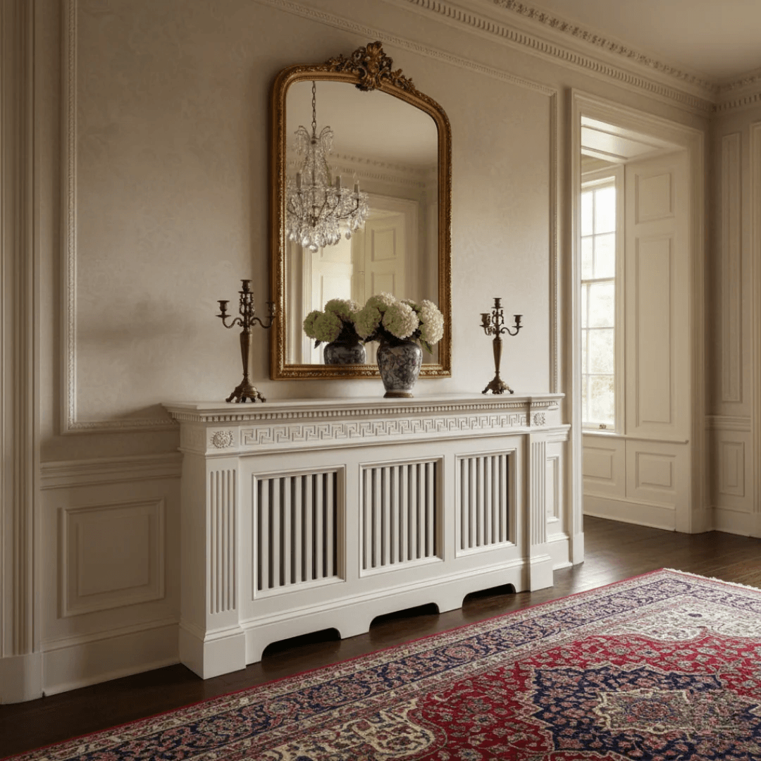 A classic white wooden console table in an elegant room, styled with a large ornate gold-framed mirror, two brass candelabras, and a vase of hydrangeas. A red and blue patterned oriental rug is visible in the foreground.