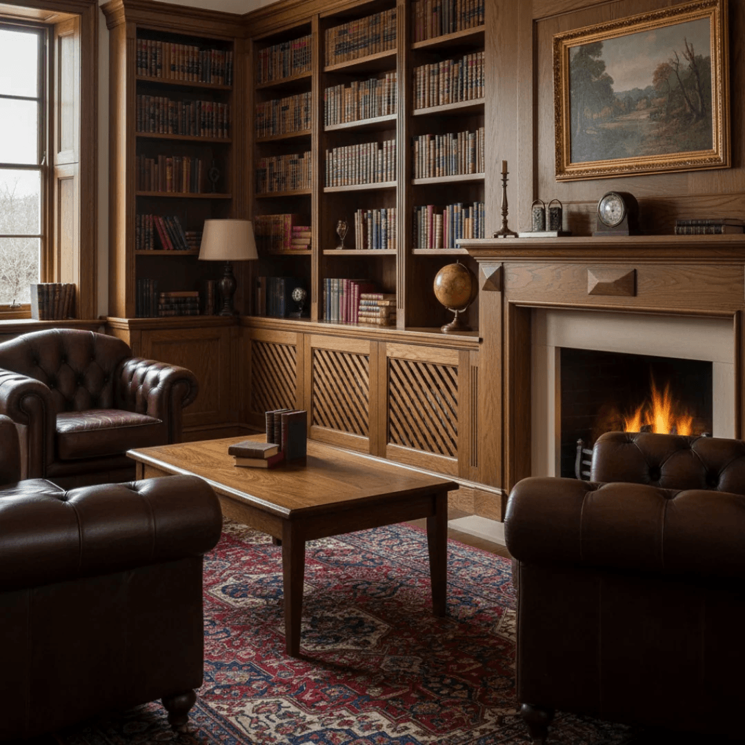 A cozy, traditional library and living room corner with dark wood bookshelves, a burning fireplace, leather armchairs, a wooden coffee table, and a patterned rug.