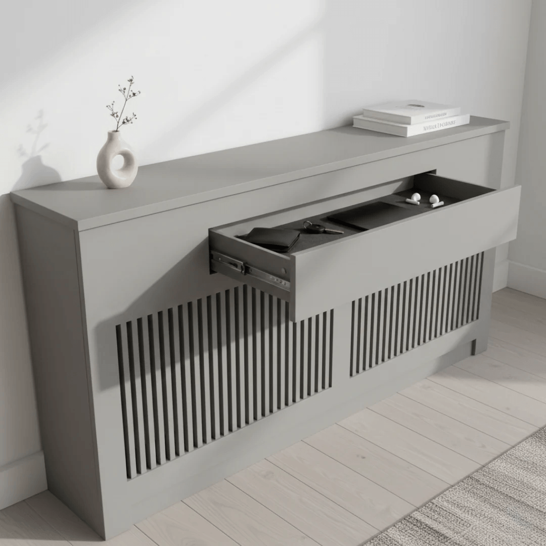 A modern light gray storage cabinet with a slatted front and an open drawer, styled in a minimalist room with a vase and books on top.