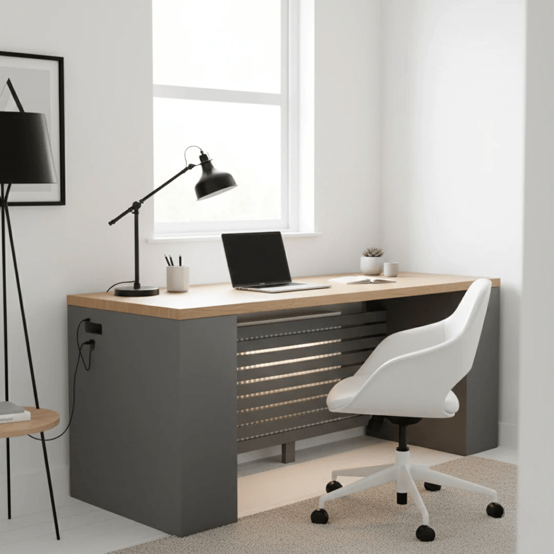 Modern office desk with laptop, lamp, and chair in a bright room.