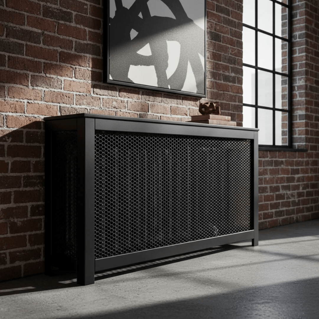 A black metal radiator guard with a mesh pattern front, positioned against a red brick wall in a room with a window and modern wall art.