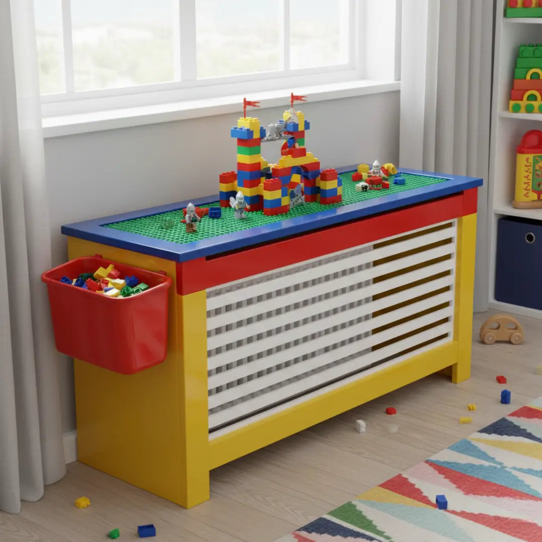 Colorful toy table with building blocks and storage bin in a room with a window and shelves.