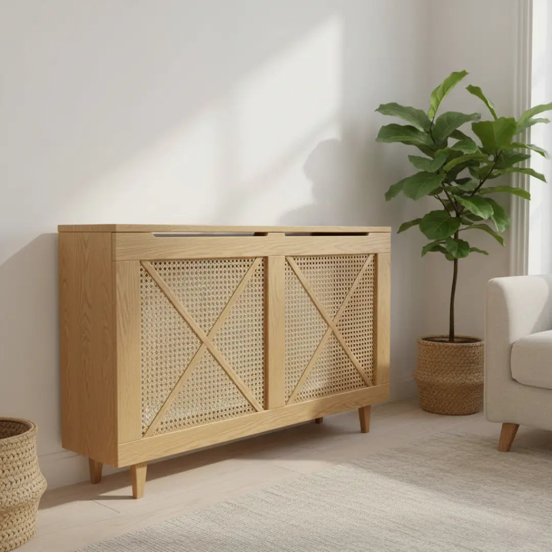 Wooden cabinet with wicker design in a room with a plant and chair.