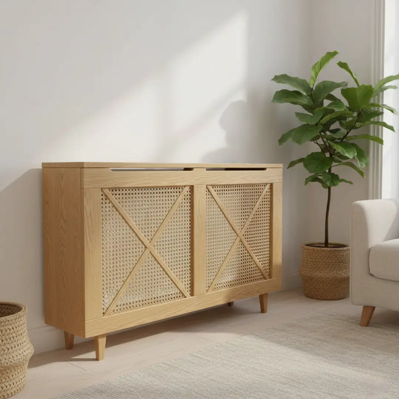 Wooden cabinet with wicker design in a room with a plant and chair.