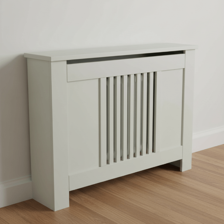 Light gray radiator cover against a white wall on a wooden floor.