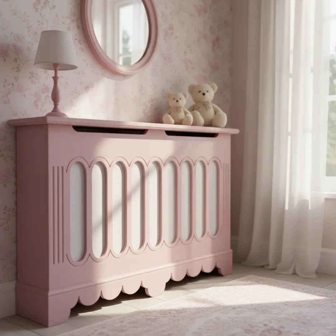 Pink decorative cabinet with teddy bears in a softly lit room.