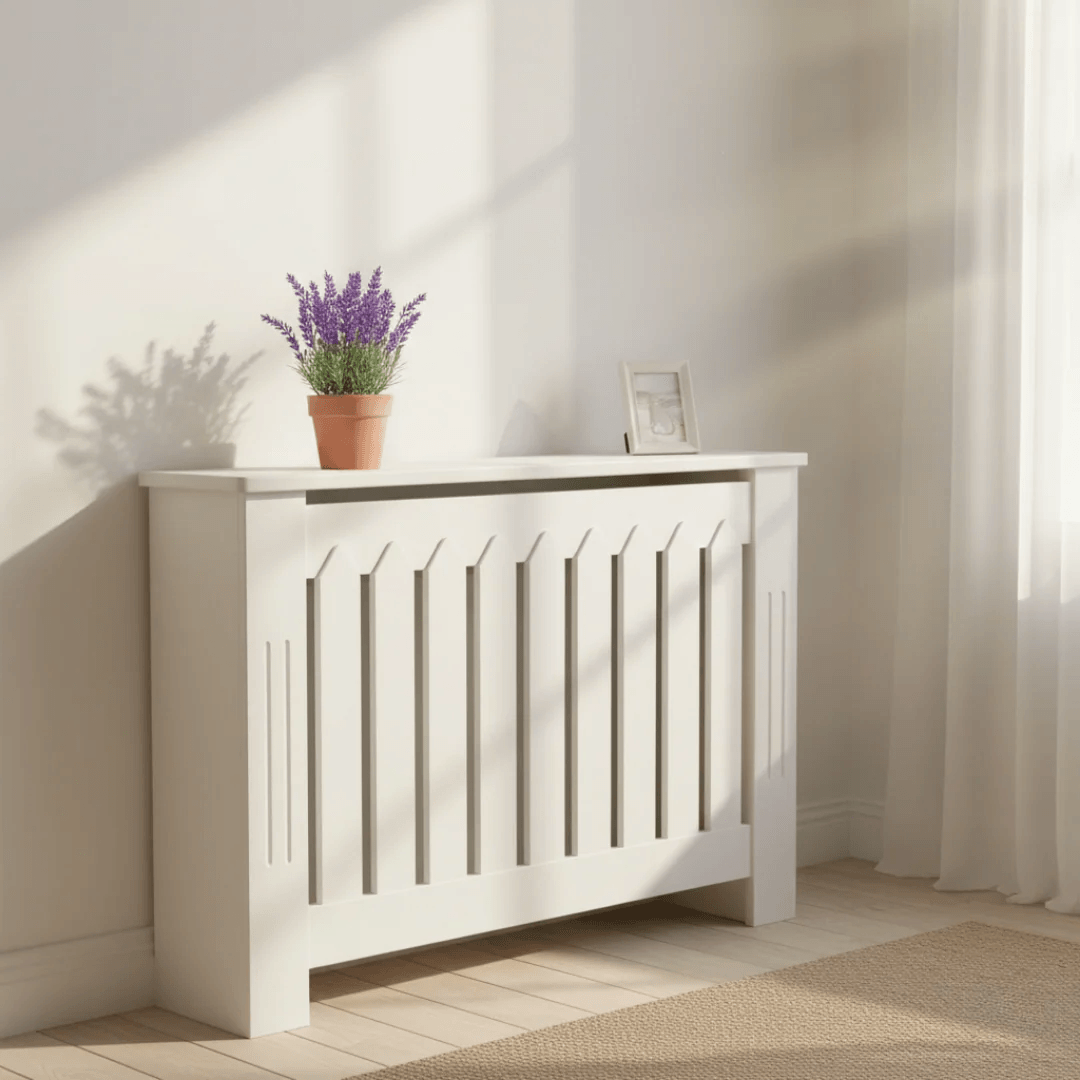 White radiator cover with a potted plant on top in a room with sunlight streaming in.