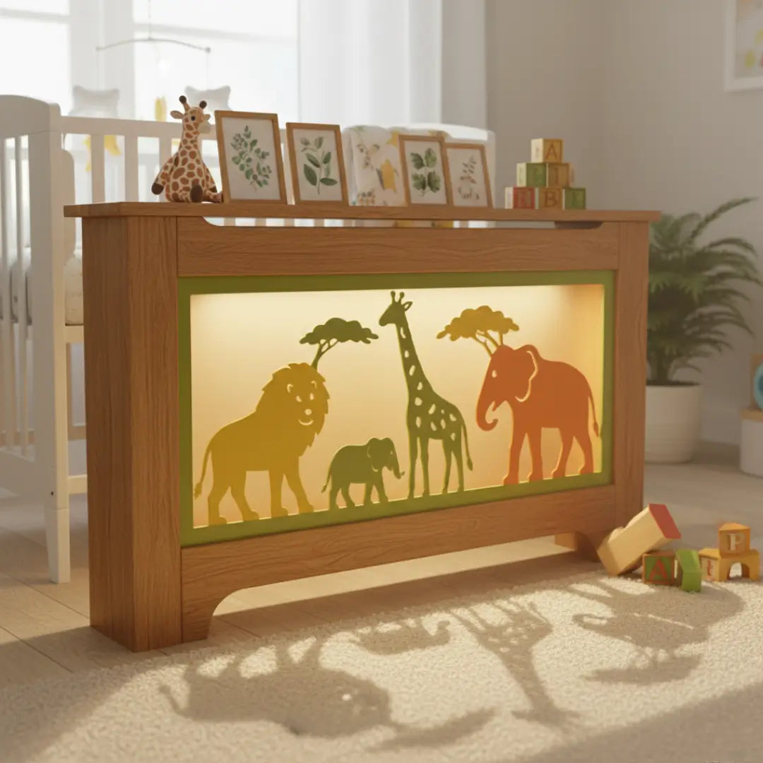 Wooden panel with animal silhouettes in a child's room.