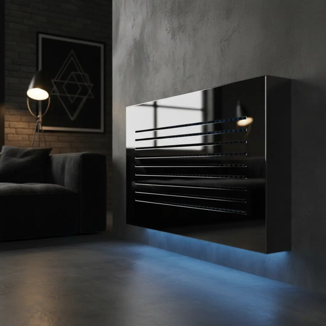Modern black wall-mounted radiator in a dimly lit room with a couch and lamp.