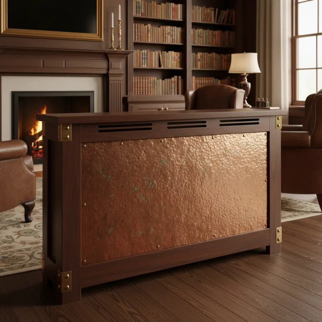 Decorative radiator cover in a cozy living room with a fireplace and bookshelves.