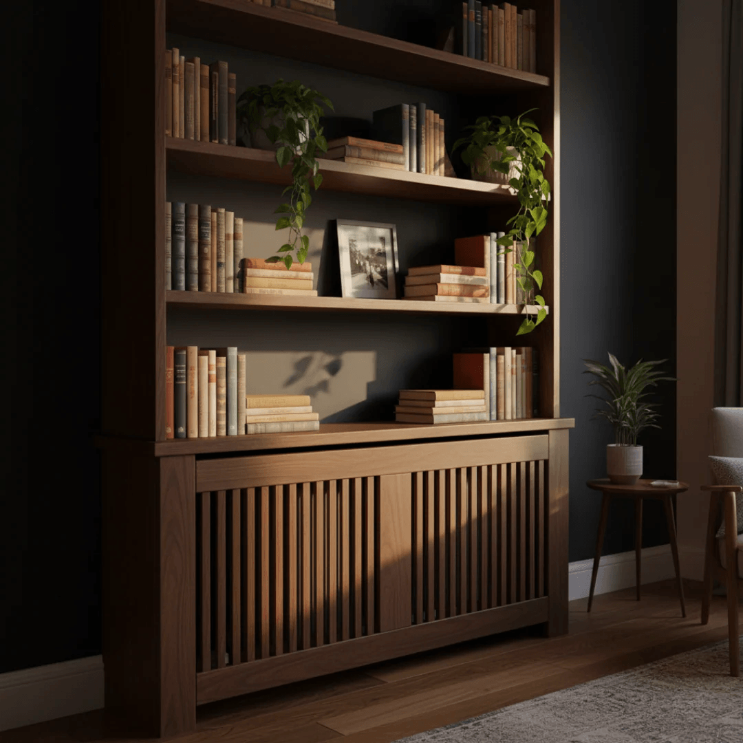 A tall dark wood bookcase with open shelves and slatted lower cabinet doors, styled with books and green plants in a dimly lit room.