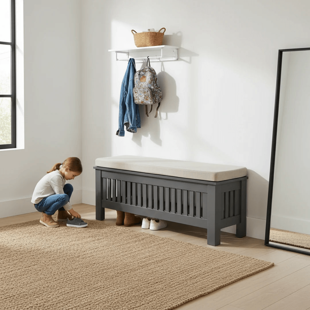 Child putting on shoes next to a dark gray bench with a cushion in a room with a mirror and hooks on the wall.