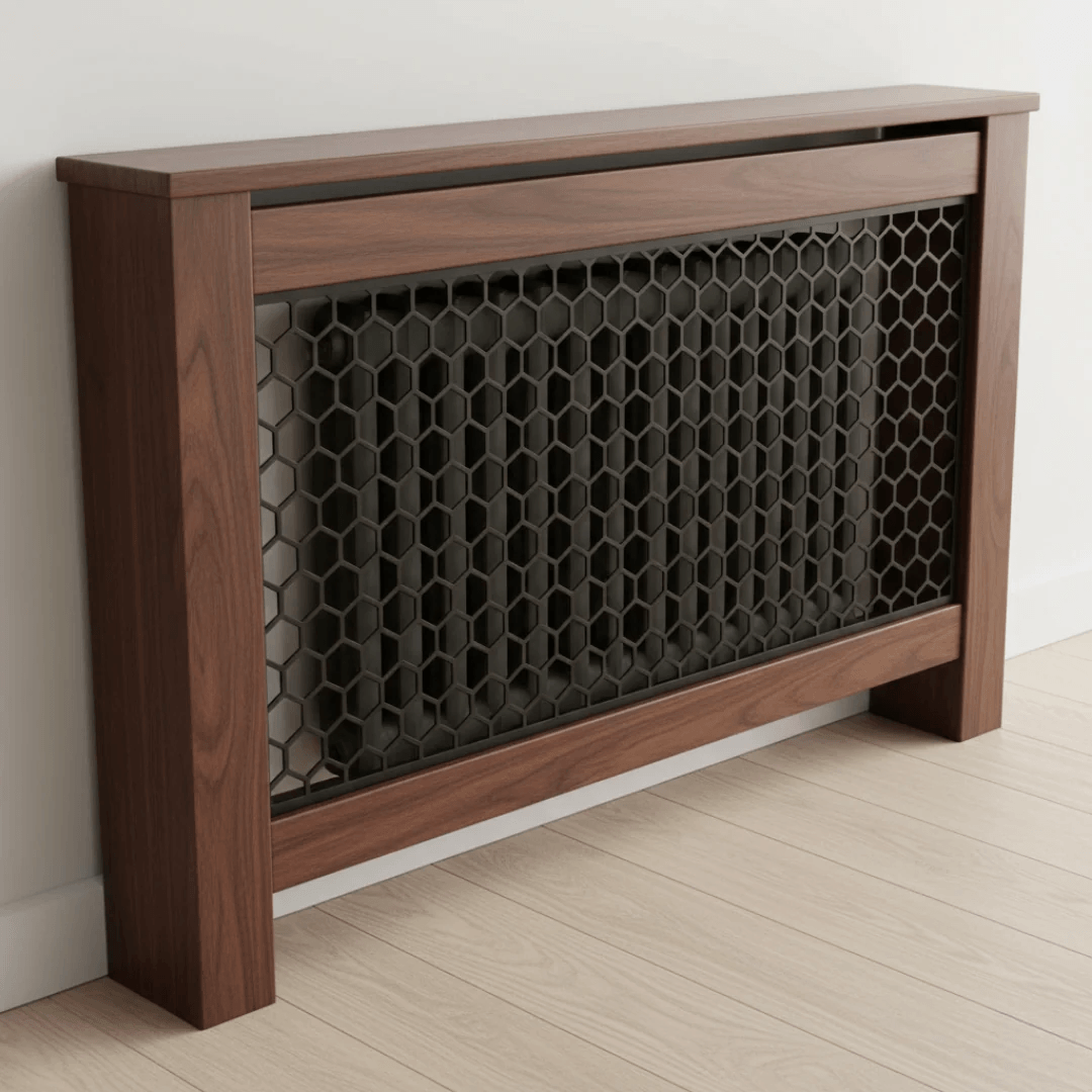 Wooden radiator cover with hexagonal grille on a plain wall.