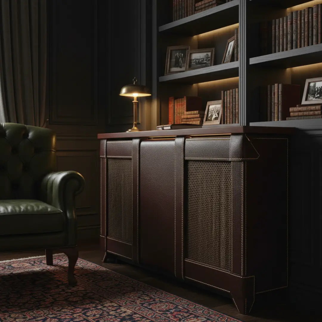 Dark brown leather-wrapped radiator cover with decorative mesh panels in a luxurious home library.