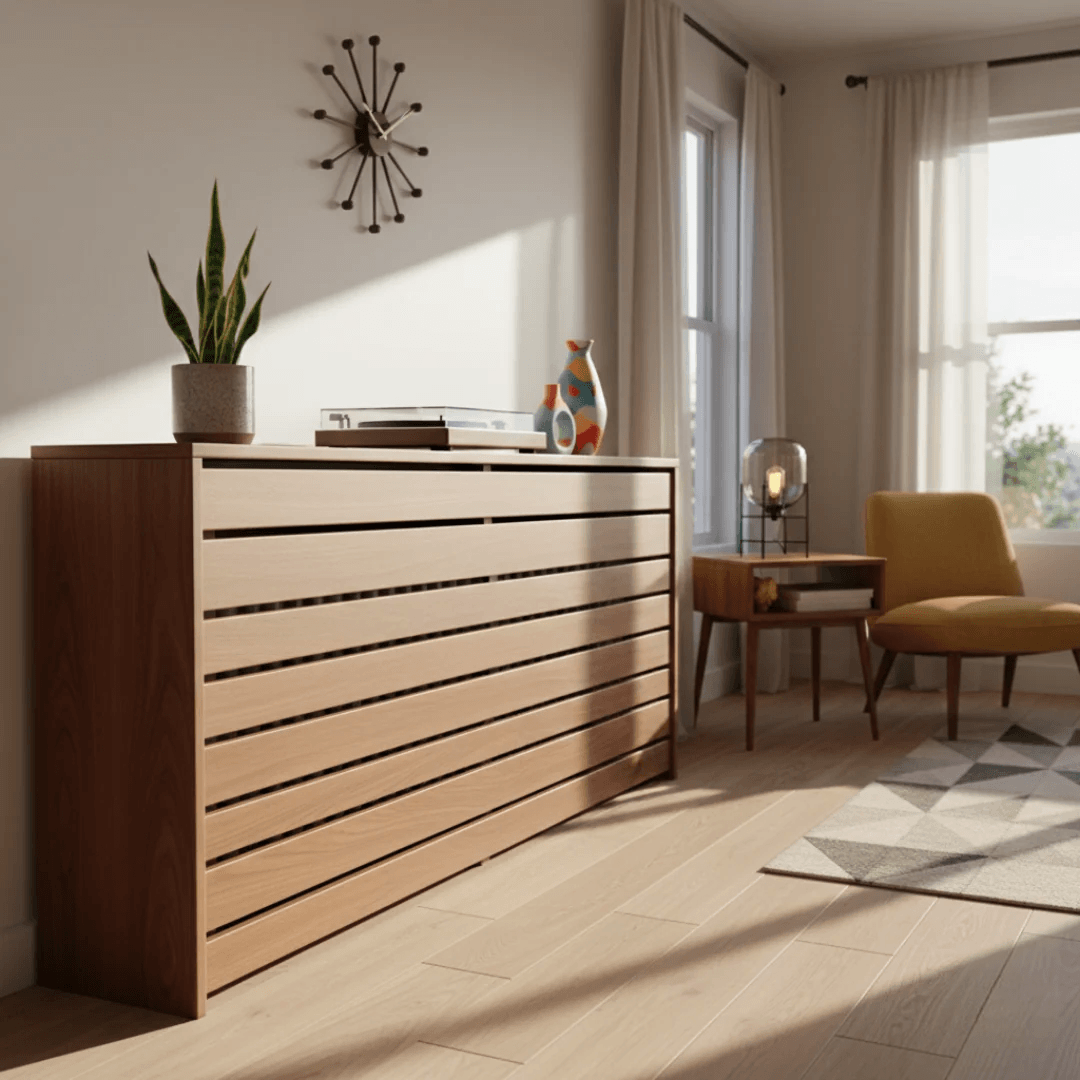 Wooden dresser in a bright room with a yellow chair and decorative items.