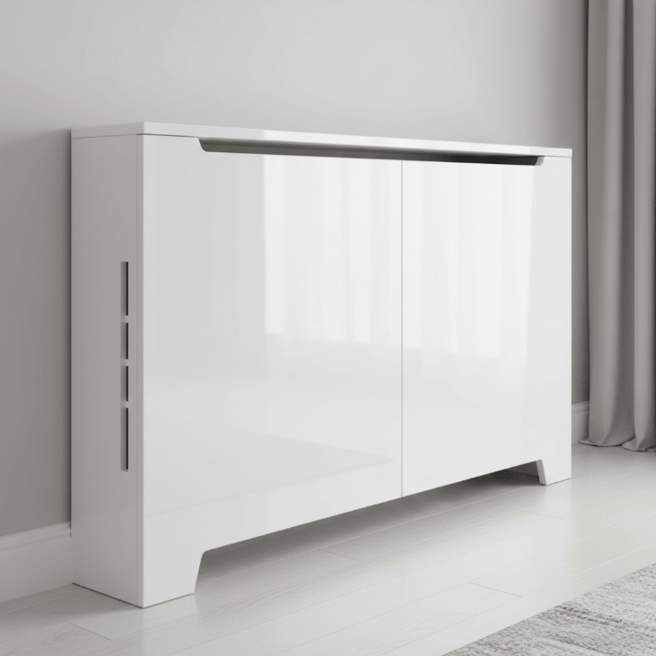 White modern radiator cover with a smooth front panel and side ventilation slots.