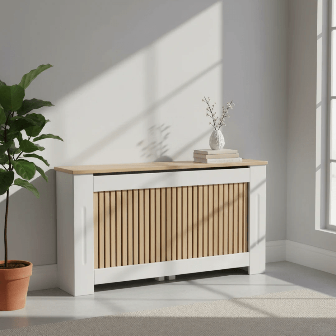 White and wooden radiator cover in a room with sunlight streaming through a window.