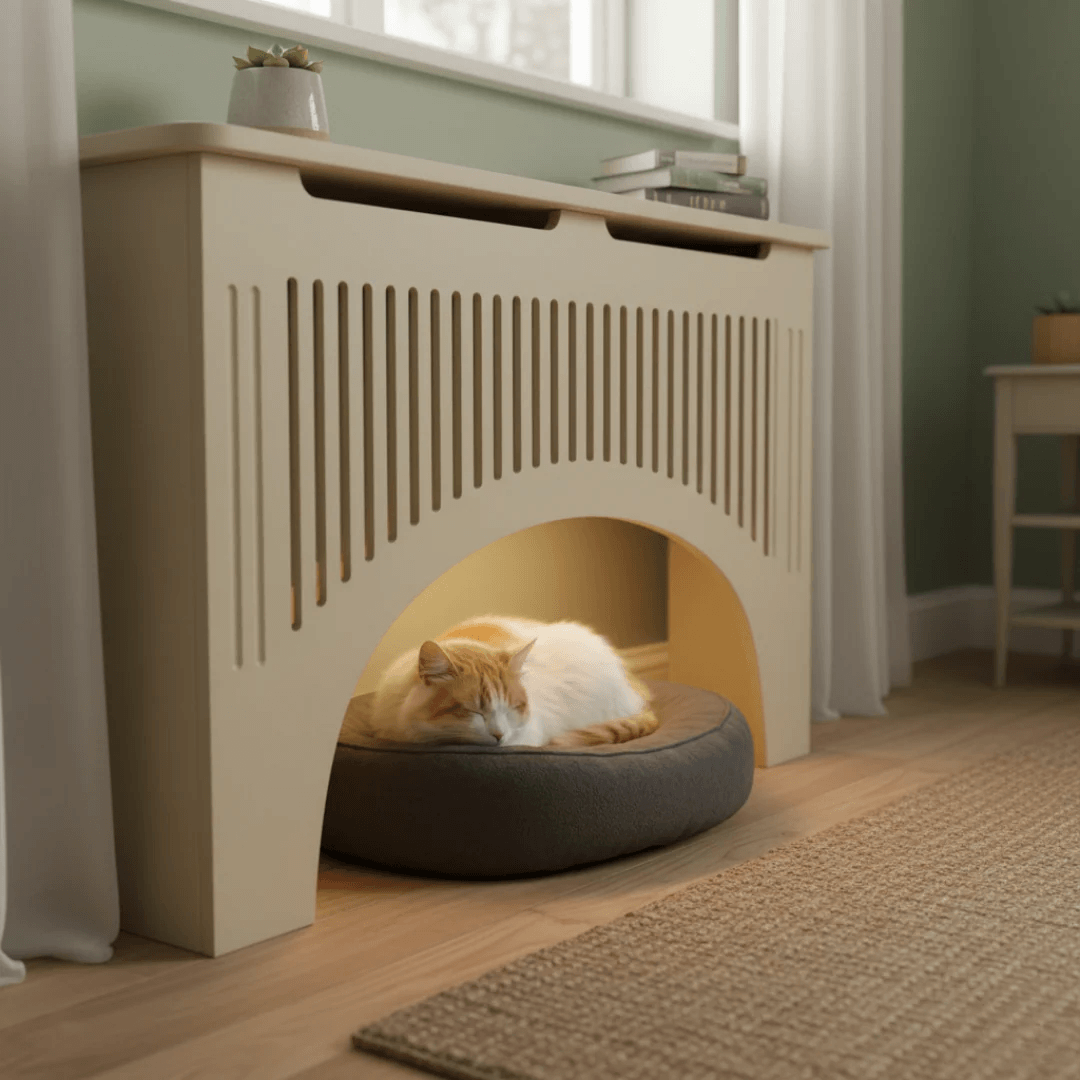 A cream-colored cat bed shaped like a radiator, with a ginger and white cat sleeping inside on a dark gray cushion, set in a cozy room with a window and curtains.