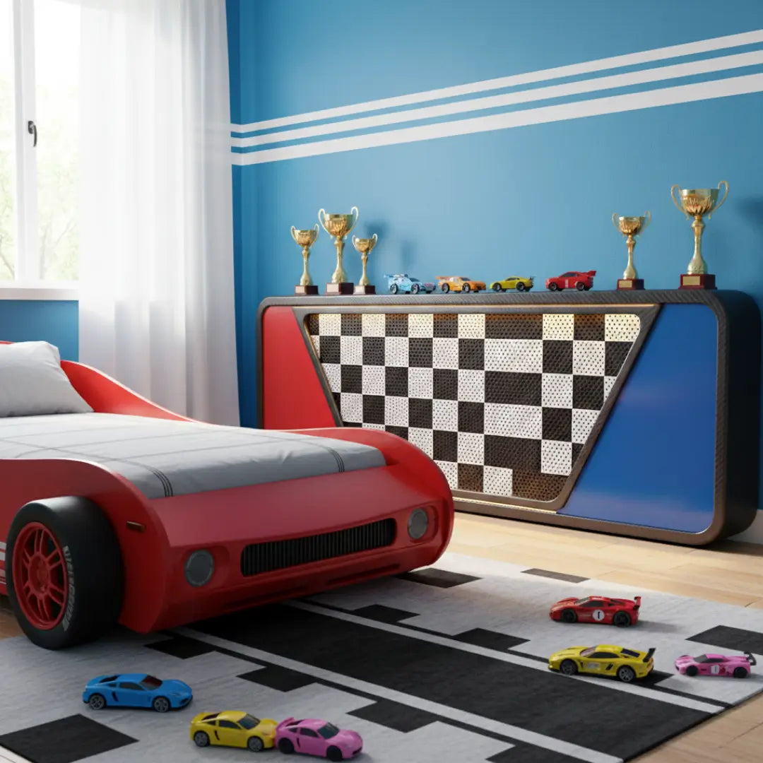 Children's bedroom with red car bed, checkered headboard, and toy cars on a race track rug.