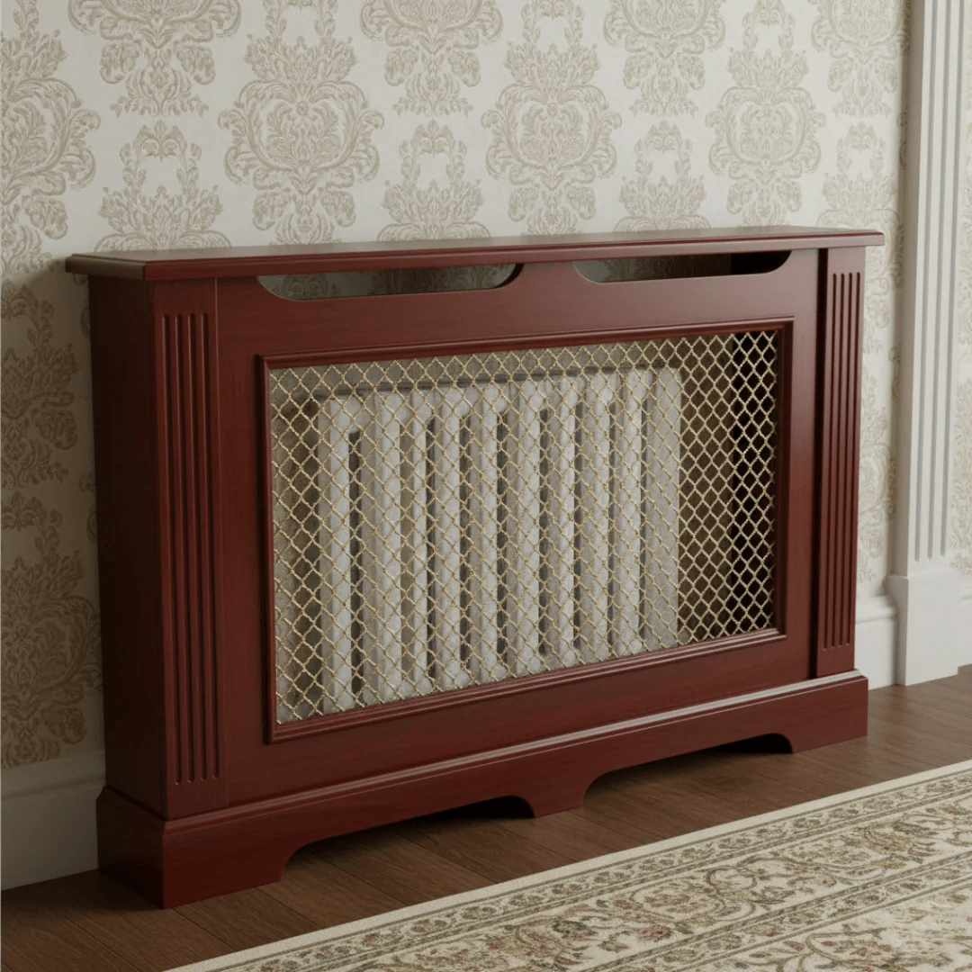 A reddish-brown wooden radiator cover with a wire mesh front panel, shown installed over a white radiator in a room with patterned wallpaper and a rug.