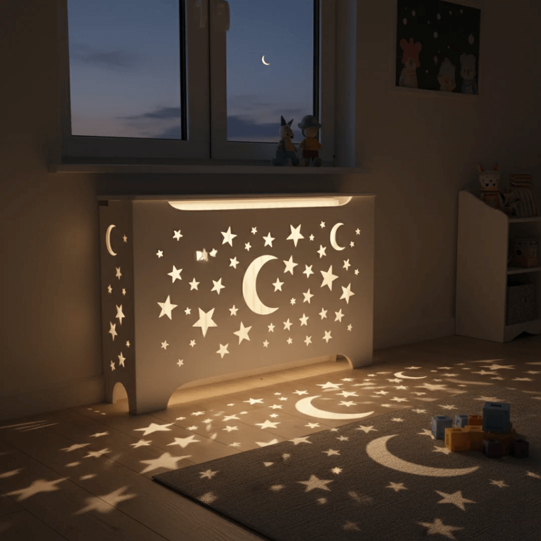 Children's room with a night light projector casting star and moon patterns on the floor.
