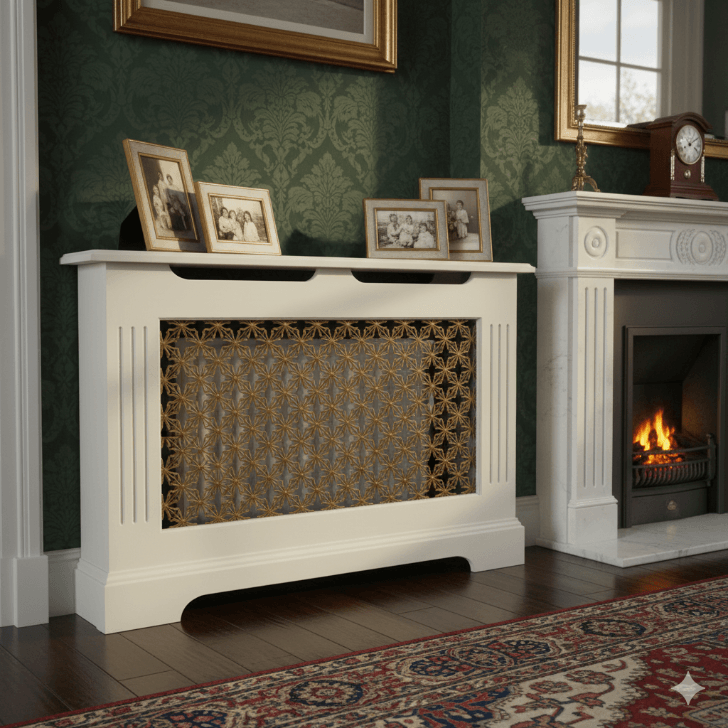 Radiator cover with decorative grille in a room with a fireplace and framed photos on the wall.