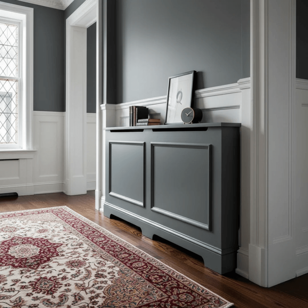 Gray sideboard against a wall with a decorative rug on the floor.