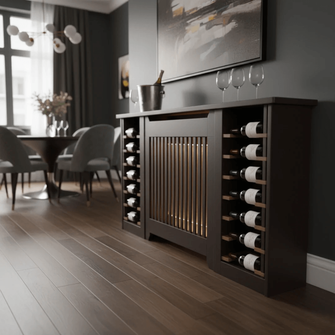 Wine rack in a modern living room setting with a dining area in the background.