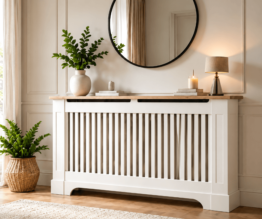 A white wooden radiator cover with a light wood top, styled in a bright, modern room with a round mirror, candles, books, and potted plants.