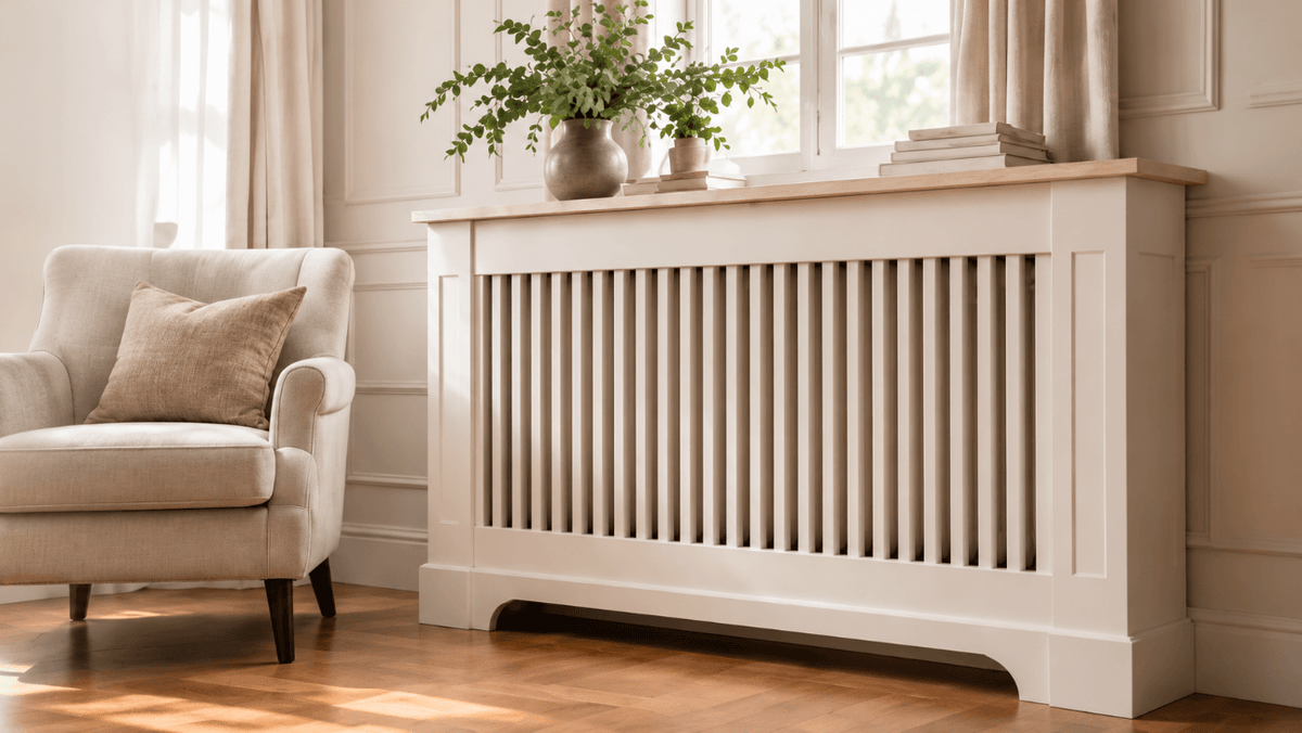 A cream-colored wooden radiator cover with vertical slats, styled in a bright, classic living room next to a beige armchair and decorated with a potted plant on top.