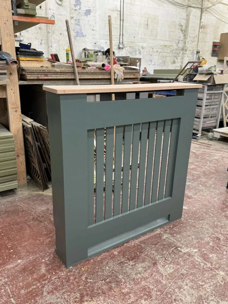 Card Room Green Vertical Slat Radiator Cover with Solid Oak Top – Luxury Wooden Radiator Cabinet