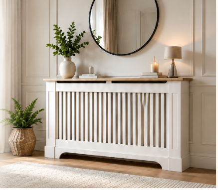 A white wooden radiator cover with a light natural wood top, styled in a bright, modern room with a round mirror, plants, and a lamp.